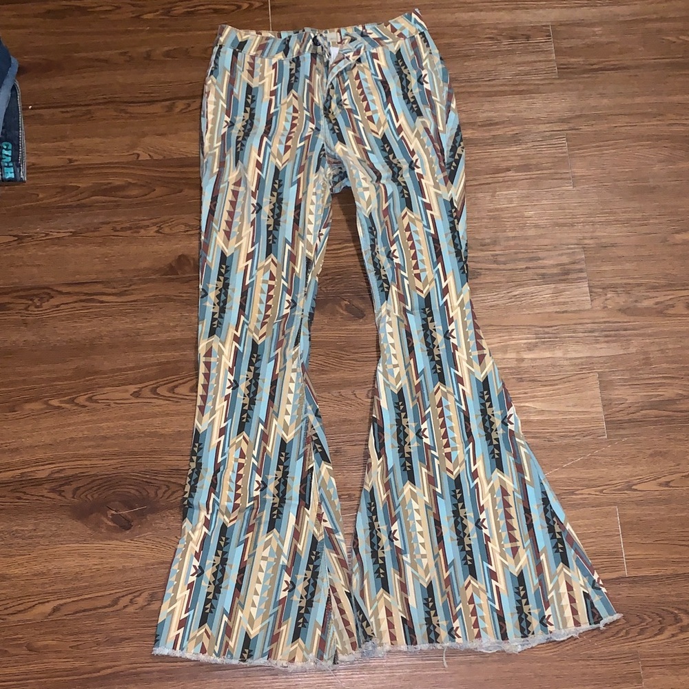 Aztec-Print Flared Pants in Blue and Tan